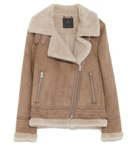 ZARA Shearling Rider's Jacket Double Boa Brown Beige sz XL