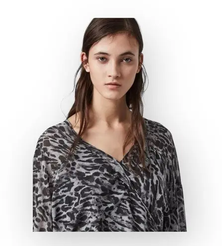 ALLSAINTS new ✽ Penny Ambient Chiffon Surplice Top ✽ Pale Grey Leopard Print ✽ S