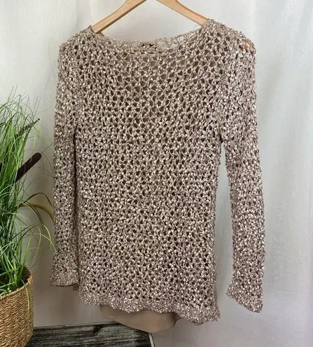 John Fashion Taupe Tan Crochet & Lace Layered Long Sleeve Sweater Blouse Top L Size L