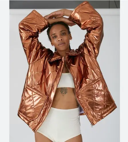NWT Tach Geo Quilted Puffer Coat Metallic Bronze Copper Jacket Cottagecore sz L Gold Size L