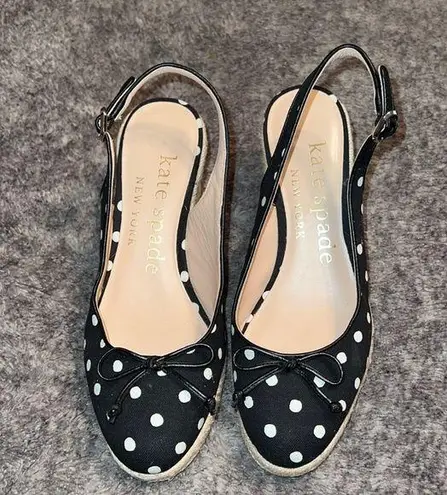 Kate Spade  Wedge Heels Slingback Espadrilles Black and white Polka Dot Size 7.5