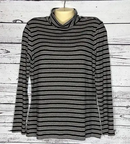 Ann Taylor  NWT Sz L Black Metallic Gold Stripe Ribbed Fabric Turtleneck Knit Top