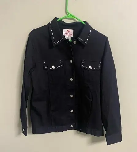 Quacker Factory  Black Denim Jacket Size Small Rhinestones Angel Wings Star