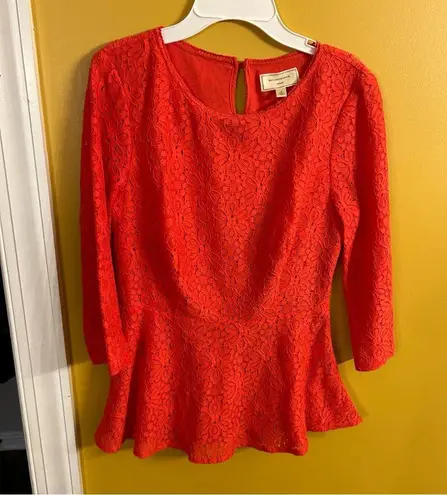 Moulinette Soeurs cotton, nylon blend lace overlay tailored blouse, orange, sz 4