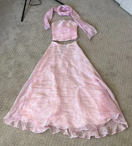 Aspeed Vintage Y2K Pink Organza Prom Dress Tube Top Maxi Skirt Scarf Diamante Detail XS