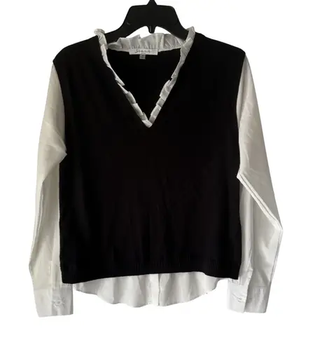 Siani Milano Sweater Medium V Neck Layered Pullover Ruffle Trim Preppy Academia Black