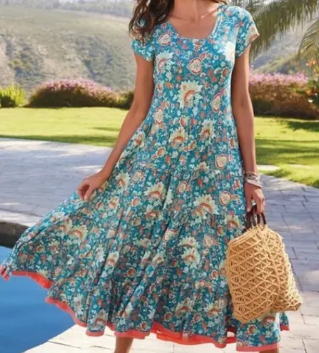 Soft Surroundings Kara Midi Dress Fiery Teal Print T-Shirt Flowy Petite Medium