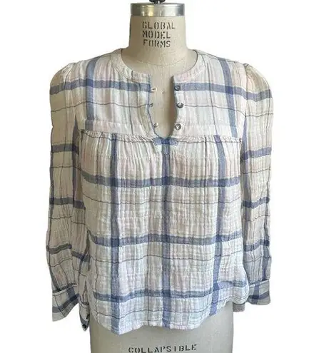 Rebecca Taylor La Vie  Crepe Cotton Pink & Blue Plaid Long Sleeve Top - Small