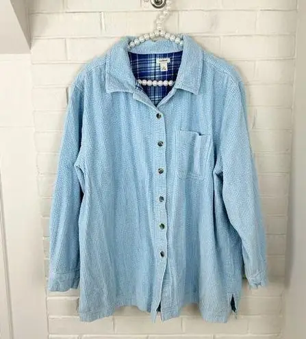 L.L.Bean Baby Blue Soft Ribbed Corduroy Plaid Lined Thick Button Down Shacket 1X