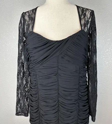 Vicky Tiel Womens Long Sheer Lace Sleeve Ruched Column Gown XL Long Dress Black