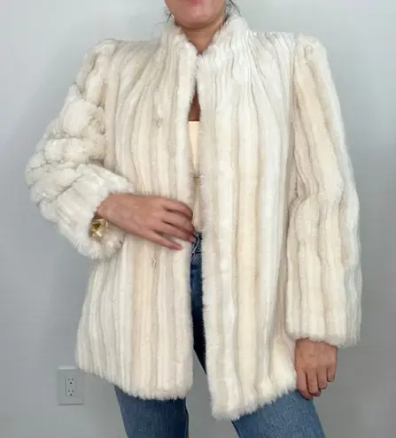 Intrigue 80s De Ball Luxury Fabric Cream Faux Fur Coat Sz 10 Vintage Union Made