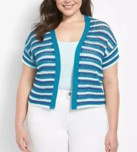 Lane Bryant  Blue Striped Short Sleeve Cropped Crochet Knit Open Front Cardigan