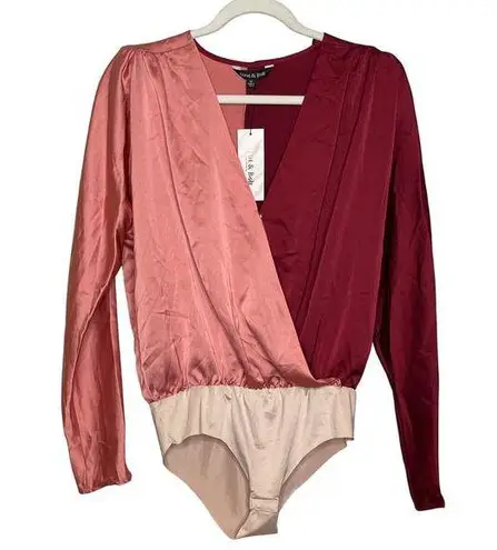 Strut & Bolt  NEW Satin Pink Colorblock V Neck Wrap Bodysuit Size Medium - Image 1