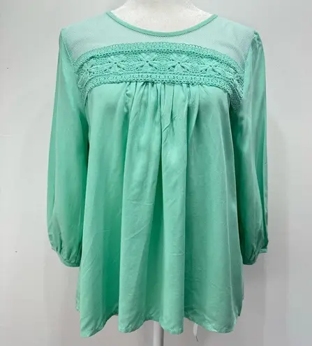 YA Los Angeles Mint Green Lightweight Cotton Blend Blouse with Lace & Mesh by