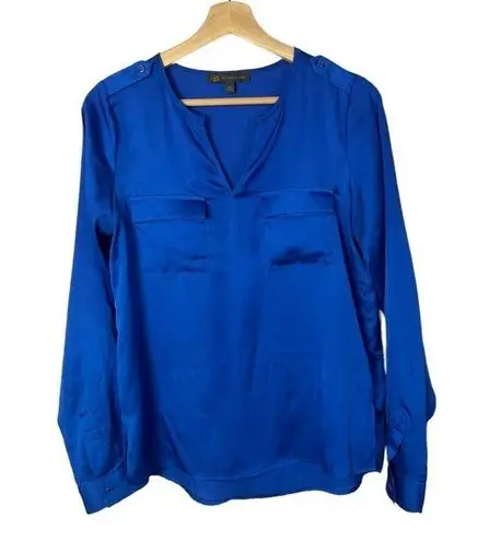 Outback Red Royal Blue Pocket Front Satin Long Sleeve Blouse XS