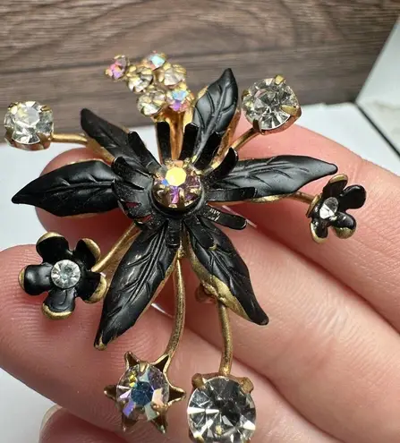 Austria AB Rhinestone Flower Black Enamel Gold Tone Brooch Pin Vintage