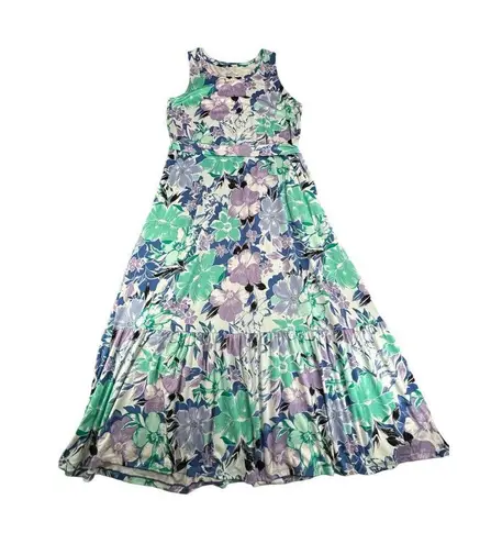 Cuddl Duds Maxi Dress Flexwear Scoop-Neck Belt Blue Spring Floral Medium