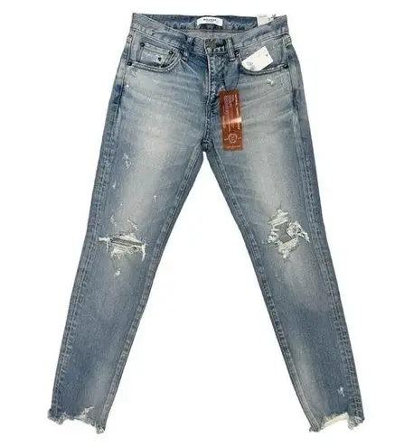 Moussy Vintage Tapered Distressed Jeans Light Blue Denim Ankle Raw hem Size 25