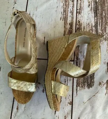Adrienne Vittadini GOLD SNAKESKIN EMBOSSED STAPPY ESPADRILLES HEELED SANDALS