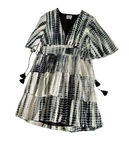 Saylor Syden Navy Tie Dye Gold Metallic V-neck Tiered Boho Mini Dress Large