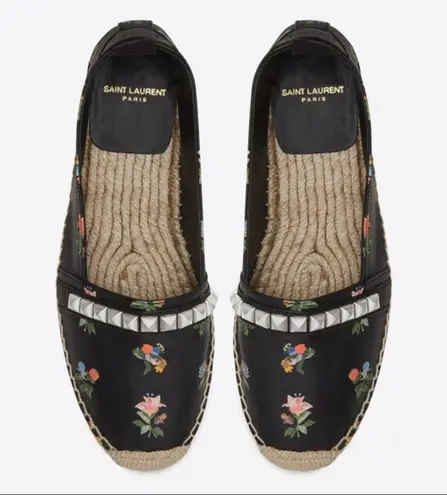 Saint Laurent studded black leather floral espadrille flats size IT 39 US 9