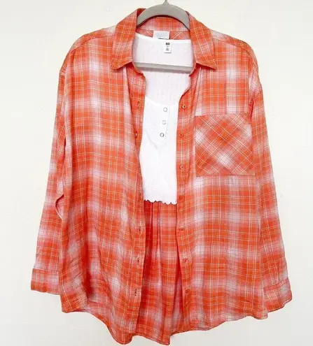 Abound Nordstrom Plaid button down shirt top SMALL long sleeve blouse orange white