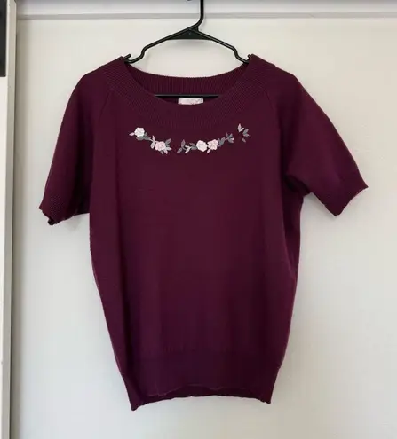Jantzen Vintage Purple Floral Short Sleeve Sweater Top Grandma Embroidered Wool