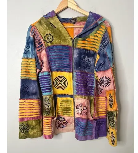 Rising international Boho Hippie Patchwork Zip Up Jacket Hoodie Women M Colorful Yellow Size M