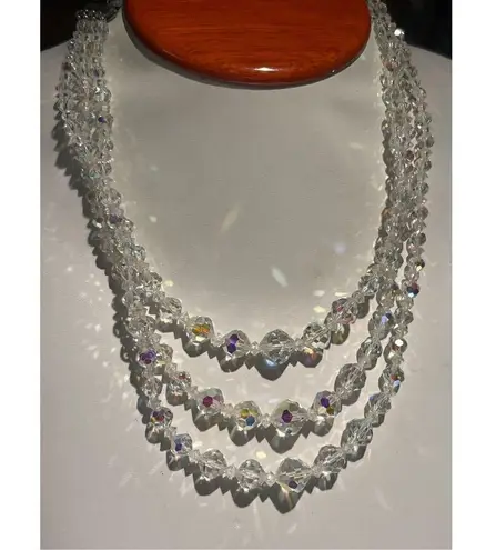 Vintage 50's Triple Strand Aurora Borealis Glass Bead Necklace Faceted Beads Silver