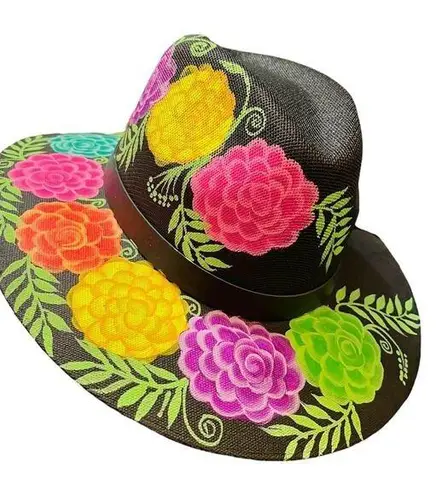 HAT MEXICAN Artisanal Hand Painted Fedora Floral Sombrero Panama Bohemian Black