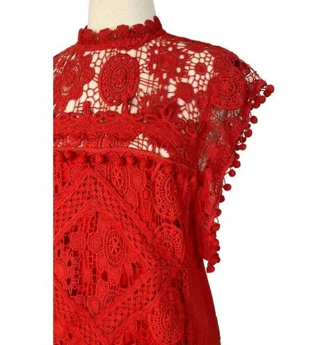 Tularosa  Red Lace Crochet Pom Pom Detail Shift Cocktail Dress Size S NEW w Tags