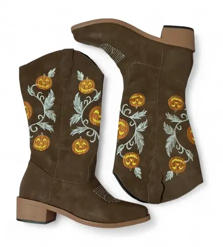 Pumpkin Cowboy Boots Embroidered Halloween Western Boots Festival Women 38 Brown Size 7.5