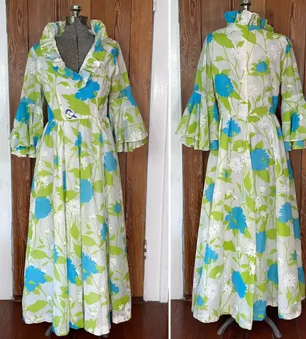 Vintage Handmade Romantic Maxi Dress Ruffle Neck Bell Sleeves Bird Appliqué ~M Blue Size M