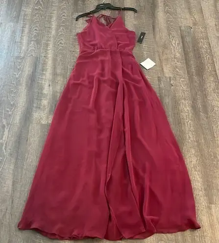 Lulus  v neck tie back ruffle gown in wine - Image 1