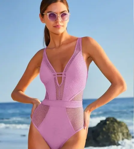 Becca New! Network Plunge-Neck One-Piece Swimsuit Lavender Sz Small $148