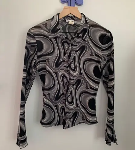 90s Y2K Swirl Marble Button Up Sleeve Shirt Grey Black Groovy 70s Small/Medium