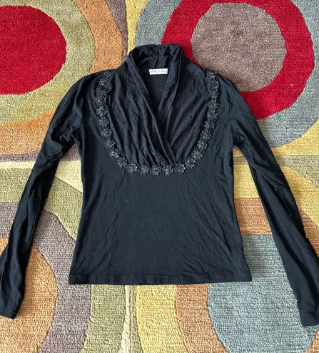 y2k 90’s style Vintage Retro Black Stretch Dressy Floral Sequin Long Sleeve Top
