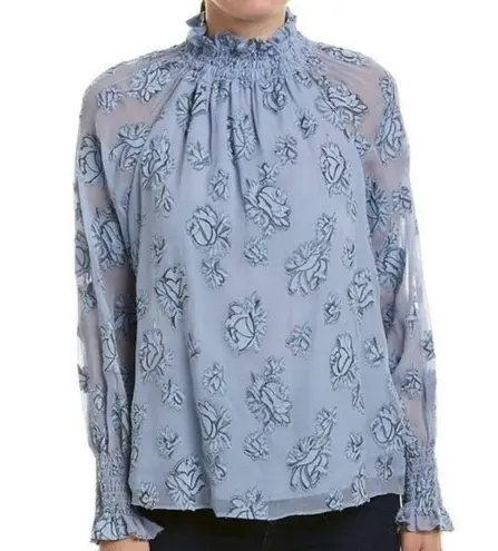 Rebecca Taylor ✨ Smocked Neck Silk Rose Print Sz. 10 Blouse Light Blue Metallic✨