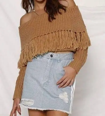 Angashion Off Shoulder Fringe Gold Sweater