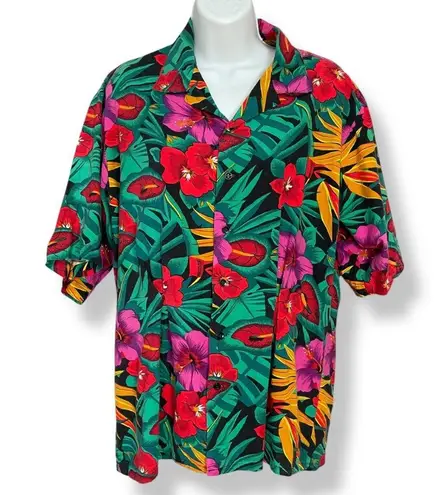 Vintage Hawaiian Shirt ALTERED Uniforms to You Tropical Floral Short Sleeve Red Size L