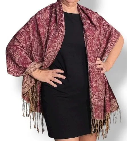 Burgundy Paisley Fringe Shawl Wrap Scarf Boho Bohemian Festival Layering Piece Red