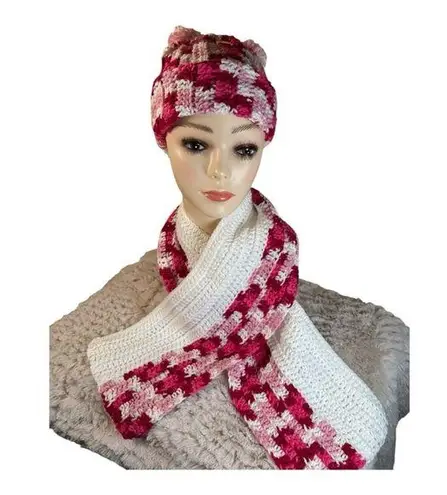 Handmade Crochet Hat & Scarf Set Cozy & Stylish. Brand new white, pink and red