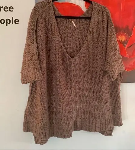 Free People  Beige Brown Oversize Loose Knit Slouchy Sweater Sz S Small