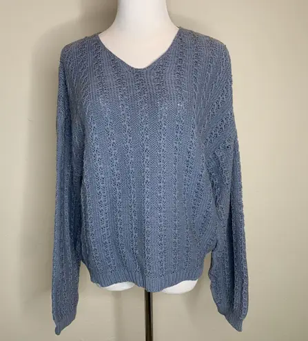 Dusky Blue Textured Sweater V Neck Coastal Grandma Sz Large