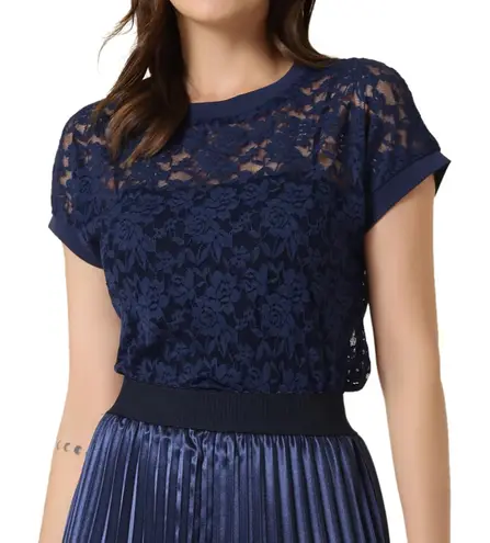 Allegra K NWT Floral Lace Overlay Batwing Sleeves Crew Neck Casual Top - XS