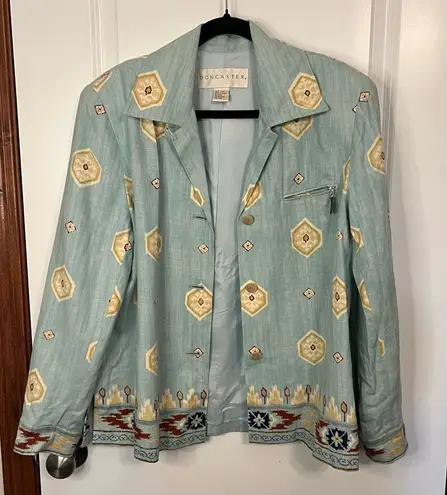 Doncaster 100% Linen Button Down Sports Blazer Jacket Women Size 12 Aqua Aztec