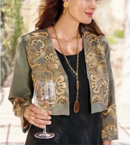Soft Surroundings Turks Bolero Crop Jacket Medium Olive Green Boho Embroidered