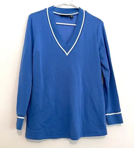 Susan Graver Brushed Back Knit V-Neck Tunic Blue Pullover Sweatshirt PETITE SP