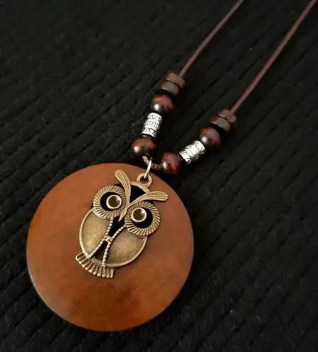 1pc Retro Owl Linen Accessories Ethnic Style Wooden Alloy Sweater Necklace Brown