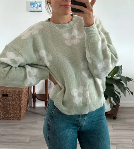 NEW Green Crew Neck Flower Jacquard Pullover Sweater in Matcha with Rib